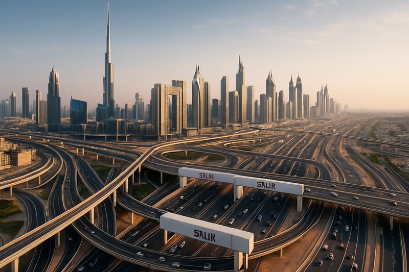 Dubai skyline with major highways and electronic toll gates Dubai skyline with major highways and electronic toll gates