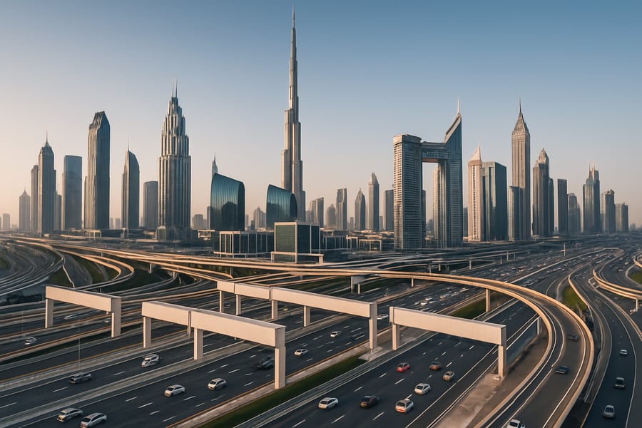 Dubai skyline with modern highways and toll gates Dubai skyline with modern highways and toll gates