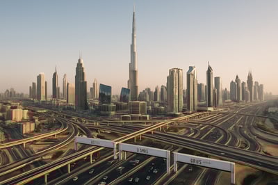 Dubai skyline with roads and toll gates Dubai skyline with roads and toll gates
